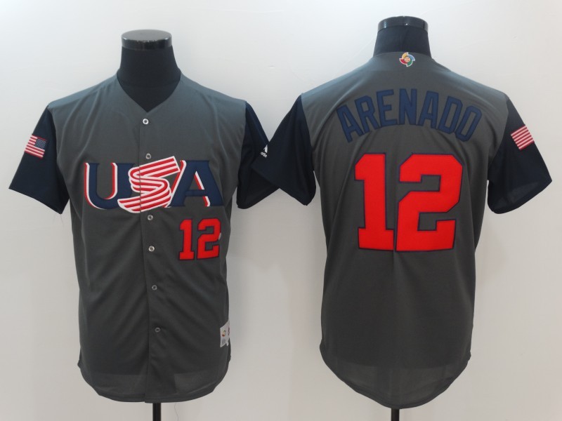 Men USA Baseball #12 Arenado Gray 2017 World Baseball Classic Authentic Jersey